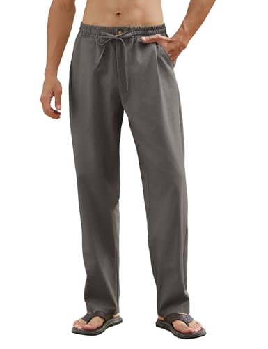 CMTOP Herren Leinenhose Lang Sommer Leicht Loose Fit Hose Einfarbig Freizeithose Elastischer Bund Baumwolle Sommerhose Yoga Urlaub Strandhose mit Kordelzug, Taschen