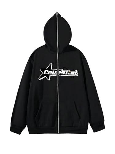 SHENHE Men's Y2k Graphic Star Print Full Zip Up Hoodie Sweatshirt Fleece Jacket with Pockets
