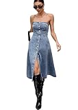 utcoco Women's Stretch Strapless Denim Tube Dress Button Down Sleeveless A Line Swing Jean Dress 2025 (Medium, Blue)