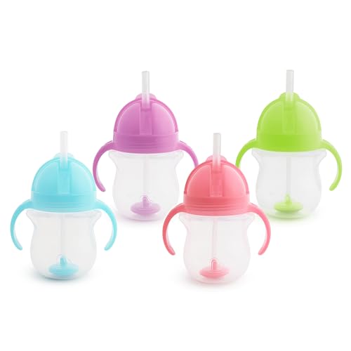 Image of Munchkin Any Angle Sippy Cups for Toddlers, Spill Proof Weighted Straw Cup with Transition Handles for Babies 6 Months and Up, 4 Pack, Blue/Green/Pink/Purple