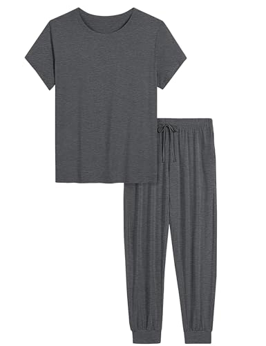 Image of Joyaria Women's Bamboo Viscose Cooling Pajamas Short Sleeve Crewneck Top & Jogger Pajama Pants with Pocket S-XXL