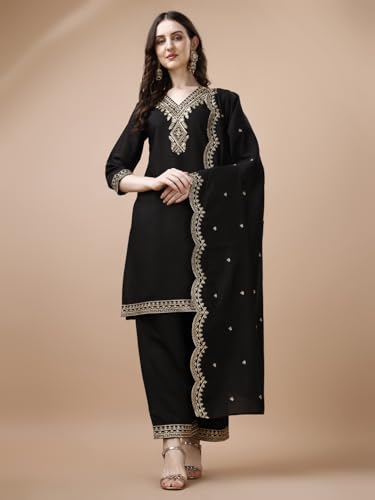 Image of Pratham Blue Kurta Set for Women Silk Embroidered Straight Kurta Set for Women with Palazzos and Dupatta
