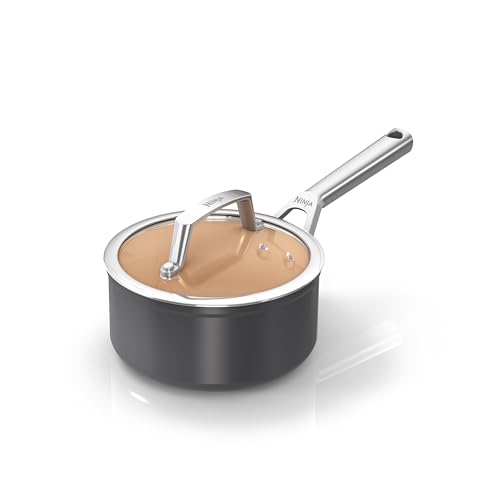 Ninja Extended Life 16cm Ceramic Saucepan with lid, Non-Stick (No PFAs, PFOAs, Lead or Cadmium), Induction Compatible, Stainless Steel Handle, Oven Safe to 285°C, Terracotta & Grey, CW90216UK