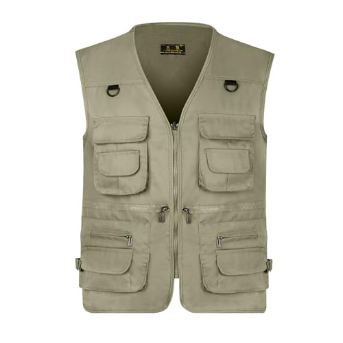 LBL Men's Utility Fishing Vest Lightweight Outdoor Work Safari Travel Photo Multi Pockets Waistcoat Jacket JW612 Dark Khaki L