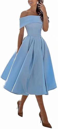 Image of Knee-Length Satin Off Shoulder Homecoming Dress Short Prom Cocktail Party Dress for Junior
