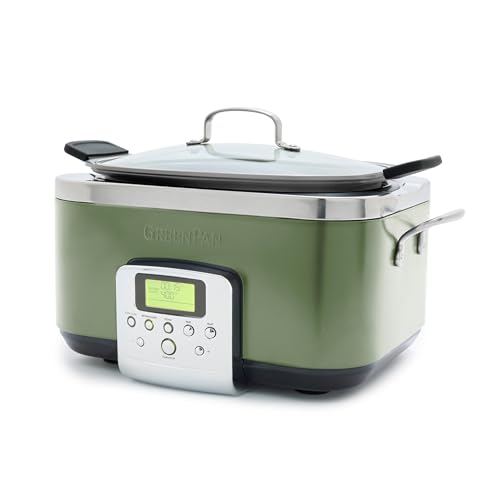 GreenPan Elite 8 en 1 - Olla de cocción lenta eléctrica programable de 6 cuartos de galón, tapa apta para lavaplatos y rejilla extraíble, sin PFAS de cerámica saludable, antiadherente, Sear, saltar,