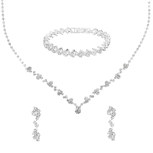 Gjinxi Silberschmuckset für Damen Kette Silber Ohrringe Hängend Schmuck Set Brautschmuck Kristall Strass Halskette Armband Jewelry Schmuckset für Braut und Brautjungfer Damenschmuck