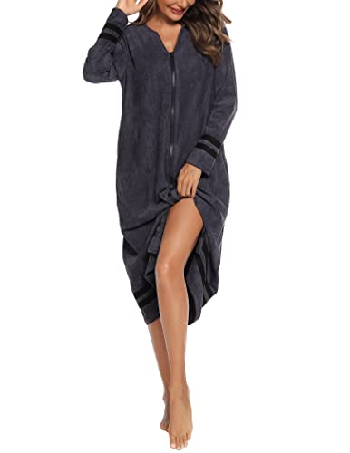 Vslarh Women Zipper Front Robes Long Sleeve Nightgown House Coat With Pockets (Greyblue Small) #TOP2