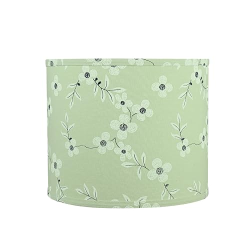 Image of Aspen Creative 31102 Transitional Drum (Cylinder) Shaped Spider Construction Lamp Shade in Tea Green with White Flowers Print Fabric, 12 inch Wide (12 inch x 12 inch x 10 inch)