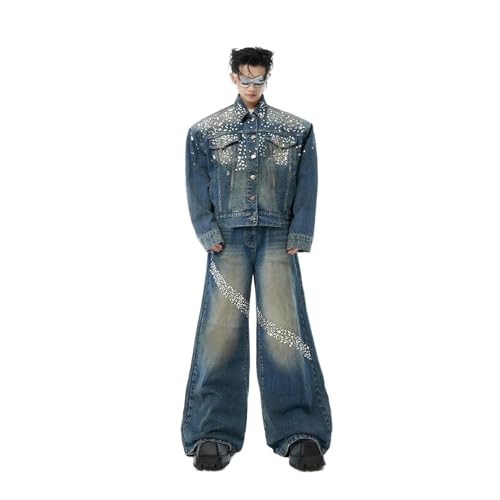 Veste denim rétro homme ensemble 2 pièces veste à strass et jean taille haute