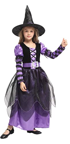 Blucielo Hexe Kostüm Kinder, Hexenkostüm,Halloween Karneval Fasching Bekleidung, 3-teiliges Halloween für Mädchen(110-120CM)