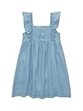 Sommerliches Kleid mit Rüschen am Arm, seitlichen Eingriffstaschen und Faltendetail an der Brust. Mit kleiner Knopfleiste am Ausschnitt und elastischer Raffung am Rücken. In optimaler A-Linien Passform.