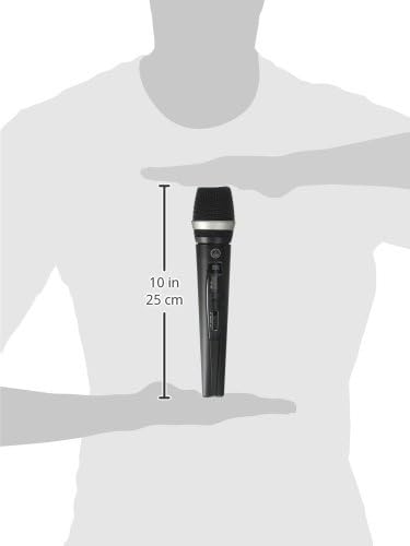 Image showing the dimensions of the AKG HT470 D5 wireless handheld transmitter, indicating a length of 10 inches (25 cm).