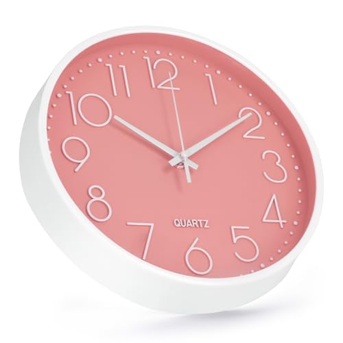 Image of Wall Clock Non-Ticking Silent Modern Simple Style Round Decor Clock Stereoscopic Dial Quartz Wall Clocks for Home /Office /School /Living Room /Bedroom /Kitchen (Peach Pink, 12inch)