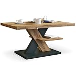 Viosimc Table Basse Salon Design Industriel – Plateau Chêne Wotan, Pieds Croisés Bois & Noir, Étagère Rangement, 90×60×45 cm