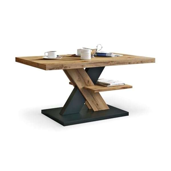 Viosimc Table Basse Salon Design Industriel – Plateau Chêne Wotan, Pieds Croisés Bois & Noir, Étagère Rangement, 90×60×45 cm