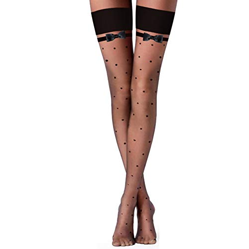 Polka-Dot Patterned Lace Thigh High Stockings for Women - 20D Semi Sheer Pantyhose with Bows (Bow Black)