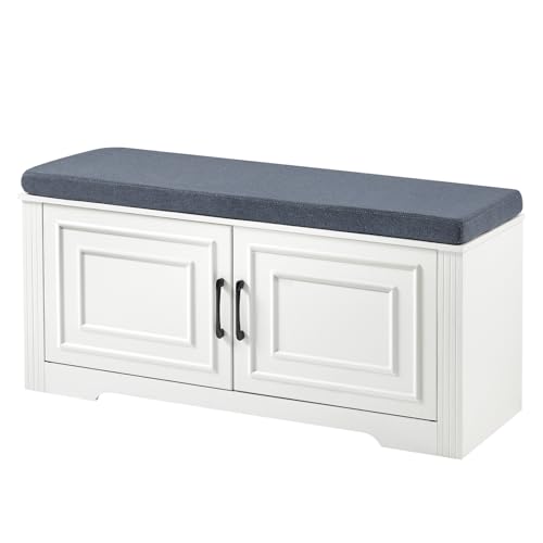 Vantic Farmhouse Shoe Storage Bench with Doors, 39'' Entryway Bench with Thickened Cushion Seat, 2 Tier Shoe Bench with Adjustable Shelf for Entryway, Living Room, White