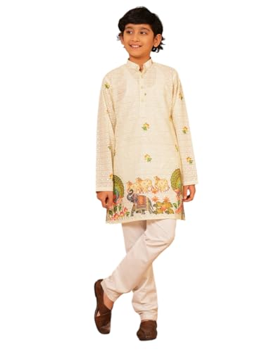 Image of AJ DEZINES Kurta Pajama For Kids Boys | Cotton Printed Chikankari Kurta Pyjama Set For Boys | Traditional & Festive Outfit | Party & Ethnic Wear | Stylish Kids Kurta Set