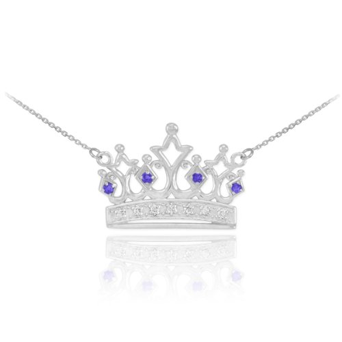 Dainty 14k White Gold Blue Sapphire and Diamond Tiara Charm Necklace