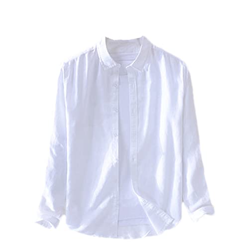 Chemise manches longues homme coton lin vêtement rétro blanc XL 9206