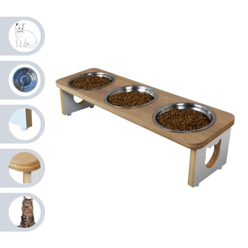 Comedouro Elevado Triplo Gato Pet MDF Linha Basica (Amadeirado)