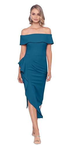Image of Betsy & Adam Women's Midi Off Shoulder Scuba Crepe Side Ruched Dress, Azure, 8