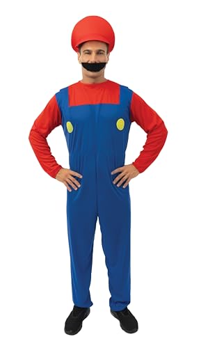 P’TIT CLOWN - 23218 - Déguisement Plombier Adulte - Parfait pour Carnaval, Fêtes Costumées et Évènements à Thème - Look Complet et Amusant - Facile à Enfiler - Polyester - Bleu, Rouge - Taille XXL