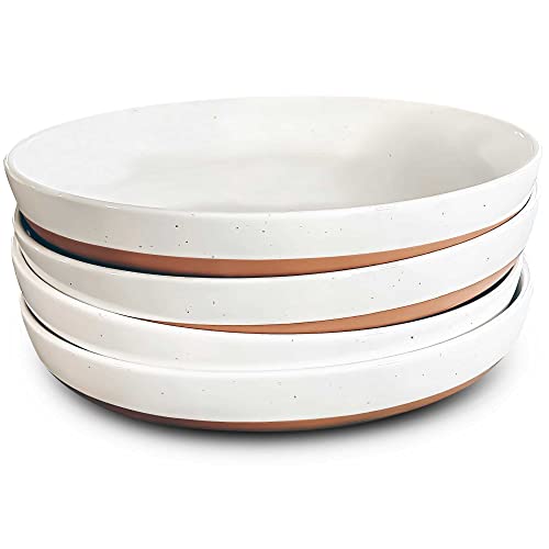 MORA Ceramic Flat Pasta Bowl Set of 4-35oz, Microwave Safe Plate with High Edge - Modern Porcelain Dinnerware for Kitchen and Eating, Large Wide Bowls/Plates for Serving Dinner, Salad, etc- Vanilla
