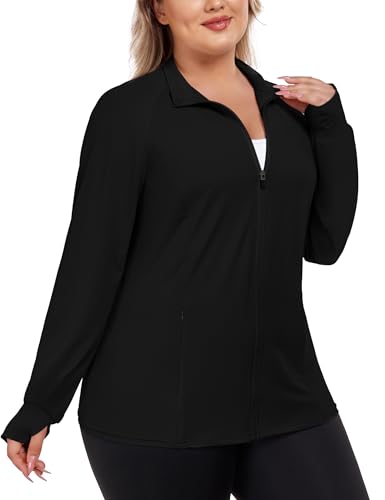 FOREYOND Womens Plus Size UPF 50+ Sun Protection Jacket Lightweight Zip Up Hoodie Cooling Long Sleeve Sun Shirts with Thumb Holes, Black, 3XL