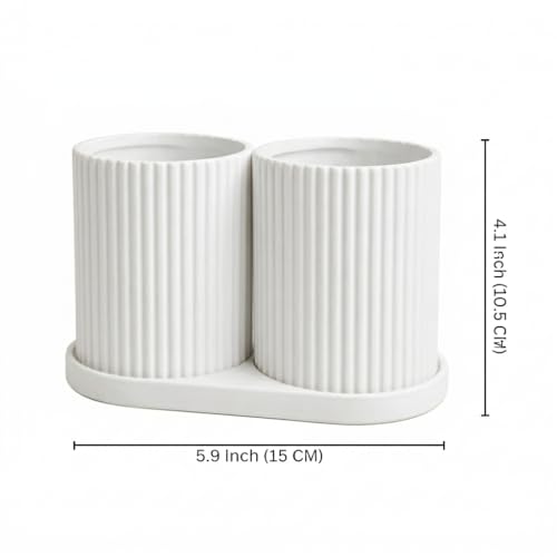 Image of Aesthetic Toothbrush Holder for Bathroom, Dual Cup Ribbed Design, Toothbrush & Toothpaste Organizer Stand, Modern Bathroom and Stationery Accessories Holder (White)