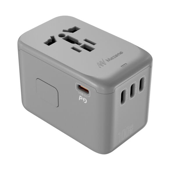 MEZONE 100W Universal Adapter, Worldwide Travel Plug Adaptor with 1 USB A and 4 USB C Ports, International Travel Adapter for EU, UK, USA, AU, Asia, Power Socket Charger for Multi Countries, Grey