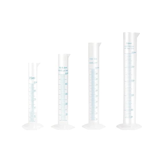 VVS Scientific Plastic Measuring Cylinder 25ml 50ml 100ml 250ml Pack of 4 Polypropylene Material Hexagonal Base, Blue Printed Graduation School College lab Laboratory Chemistry and Professional use