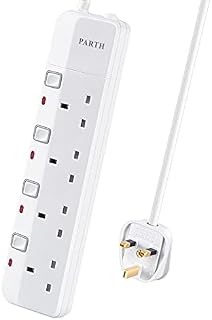 PARTH 4 Way Protected Extension Lead with Individual Switches 2m Long Cable Safety Wall Mounted Extension Cord for UK Plugs 3250w 13Amp Multi Sockets 2 Metre Power Strip for Home Office School Hotel