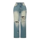 THUNDER STAR Womens High Waisted Wide Leg Jeans Stretchy Distressed Denim Pants A Blue S