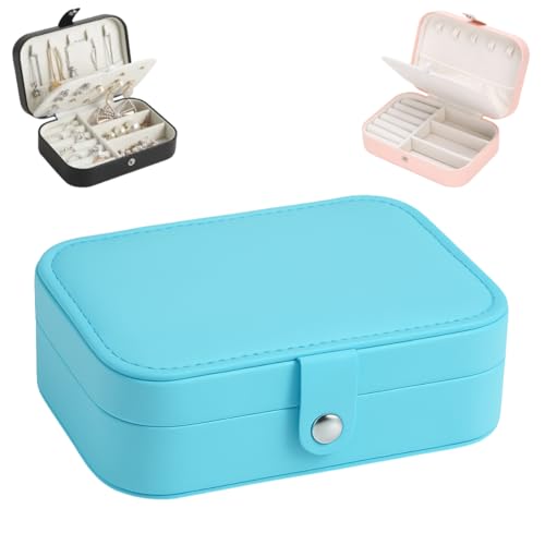 Porta Joias Organizadora Bijuterias Portátil para Viagem Caixa Maleta Estojo Organização Aneis Prata Ouro Acessórios Brincos com Botão Couro PU com Divisórias (Azul)