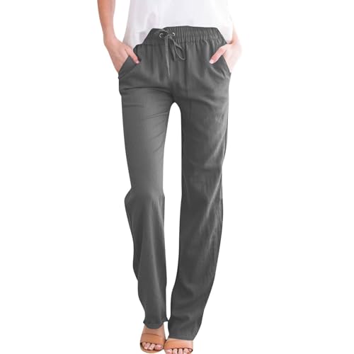 Linen Pants for Women Elastic High Waisted Straight Leg Trousers Pants Loose Casual Summer Dress Pants with Pockets2