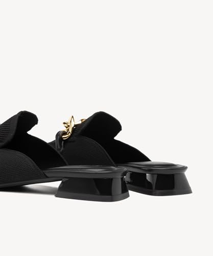 Image of NEWBELLA Women's Knit Pointed Toe Mule Slides, Chunky Gold Chain Decor, Low Block Heel, Slip On Loafer for Daily Office Wear