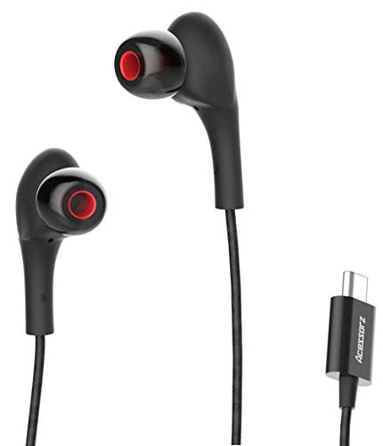 USB Type C Earphones, [Upgraded Version] Acessorz Wired in-Ear Magnetic Earbuds, Stereo Bass Noise Cancelling Headphones Gym Sports Compatible with Google Pixel 3/2/XL, Huawei, Essential Phone - Black