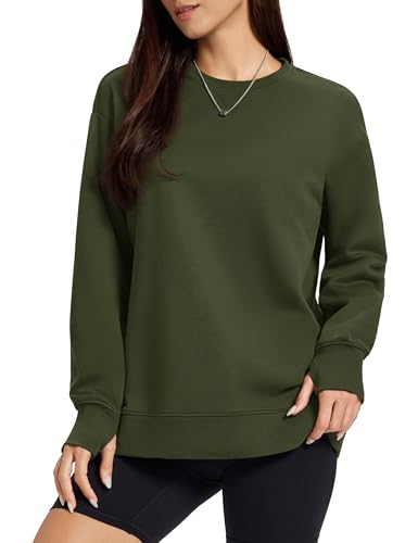 MAGCOMSEN Fleece Pullover for Women Oversized Crewneck Sweatshirts Warm Soft Thermal Winter Casual Sweaters Green M