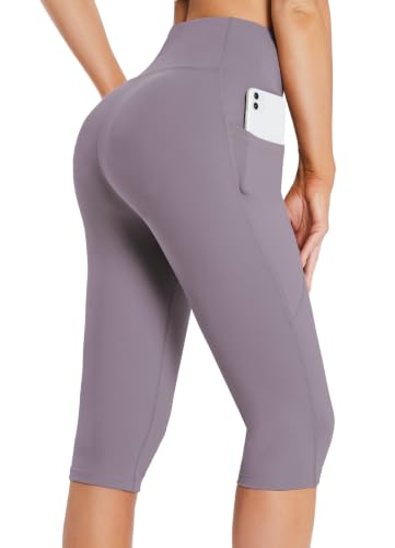 baleaf Gym Leggings for Women Knee Length Yoga Capri Pants Light Purple L