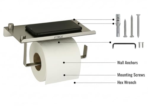 Image of Force Toilet Paper Roll Holder with Built-in Mobile Stand Shelf - Premium Stainless Steel Wall-Mounted Bathroom Tissue Holder | Rust-Resistant, Space-Saving, Modern Design
