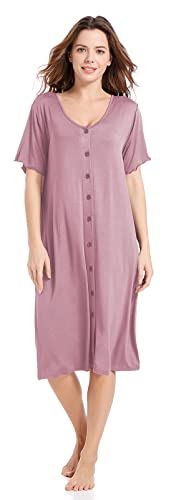 Image of CHUNG Women Nightgown Baggy NightShirt Front Open Button Down Pajamas Nightdress Short Sleeve Sleepwear Under Knee Gown