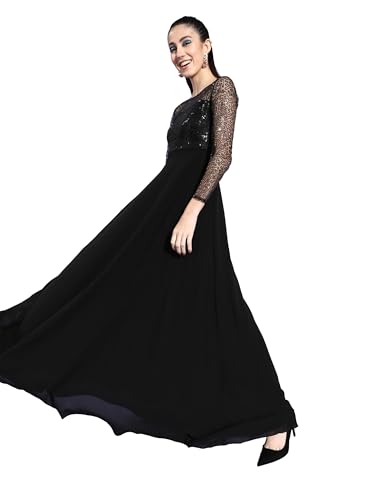 Image of Miss Chase Women's Round Neck Sleeve Embellished Fit Flare Maxi Dress
