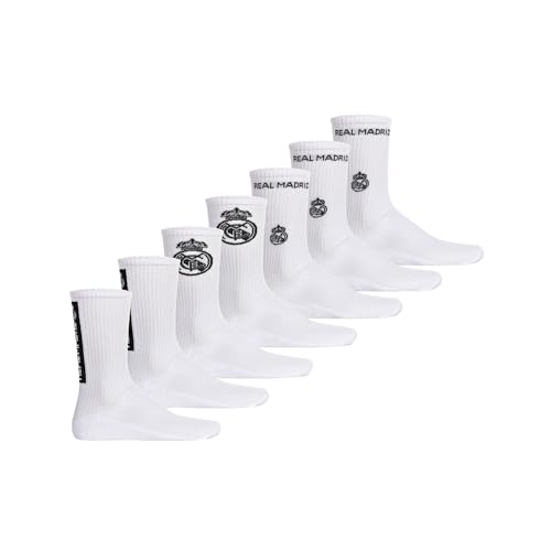 Real Madrid Socken Unisex 7er Pack Offizielles Lizenzprodukt | Tennis Socken Baumwollmischung | Fangeschenk mit eingewebtem Logo| Weiß 35-38