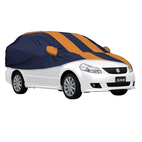 Image of Allextreme MSE5003 Car Body Cover Compatible with Maruti Suzuki Sx4 Custom Fit Dustproof UV Heat Resistant Indoor Outdoor Body Protection (Navy Blue & Orange with Mirror)
