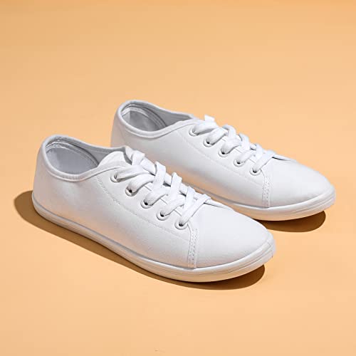 Image of Shupua Women's Casual Canvas Sneakers, White, Lace Up Flats