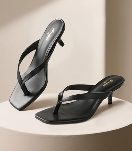Ankis Kitten Heels for Women, Black Brown Square Toe Flip Flop Heels 2 Inch Low Heeled Thong Summer Sandals2