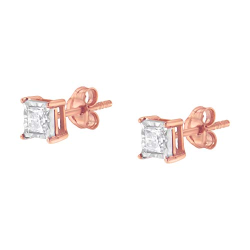14K Rose Gold Plated Two-Tone .925 Sterling Silver 1/2 Cttw Princess-Cut Square Near Colorless Diamond Solitaire Miracle-Plate Stud Earrings (J-K Color, I2-I3 Clarity) #TOP3