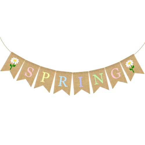 Doumeny Spring Burlap Banner Colorful Spring Bunting Banner Daisy Themed Bunting Garland Rustic Tulip Flower Hanging Garland Springtime Theme Party Decor for Mantle Fireplace Wall Home Porch Door